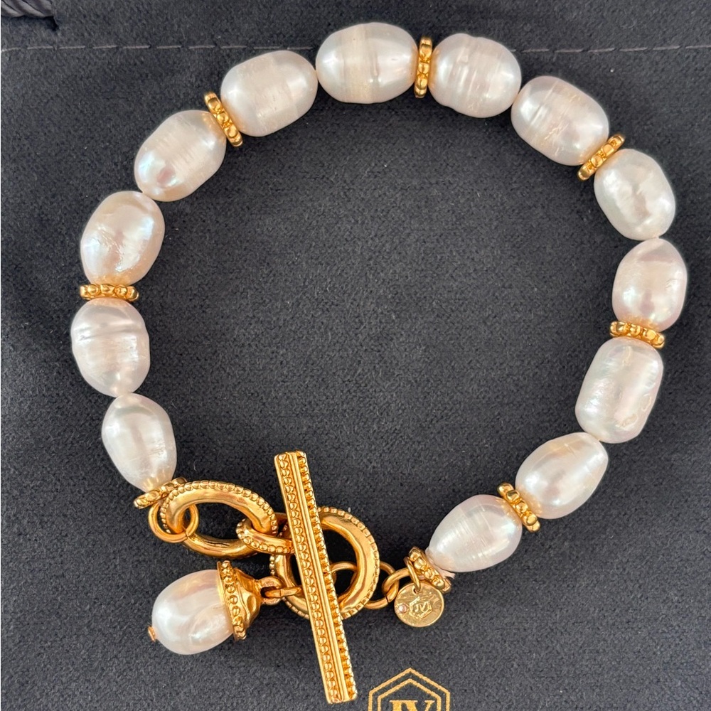 Gold & White Freshwater Pearl Toggle Bracelet